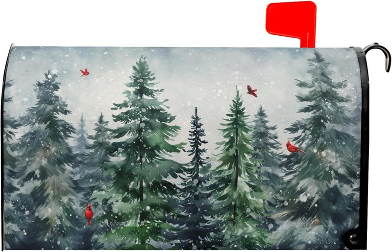 Granbey Winter Watercolor Tree Magnetic Mailbox Cover Large Size 25.5x21 Inch Christmas Dark Green Pine Trees Mail Box Post Cover Rustic Forest Red Bird Letter Box Wraps for Home Outdoor Garden Yard Decor - Image 1